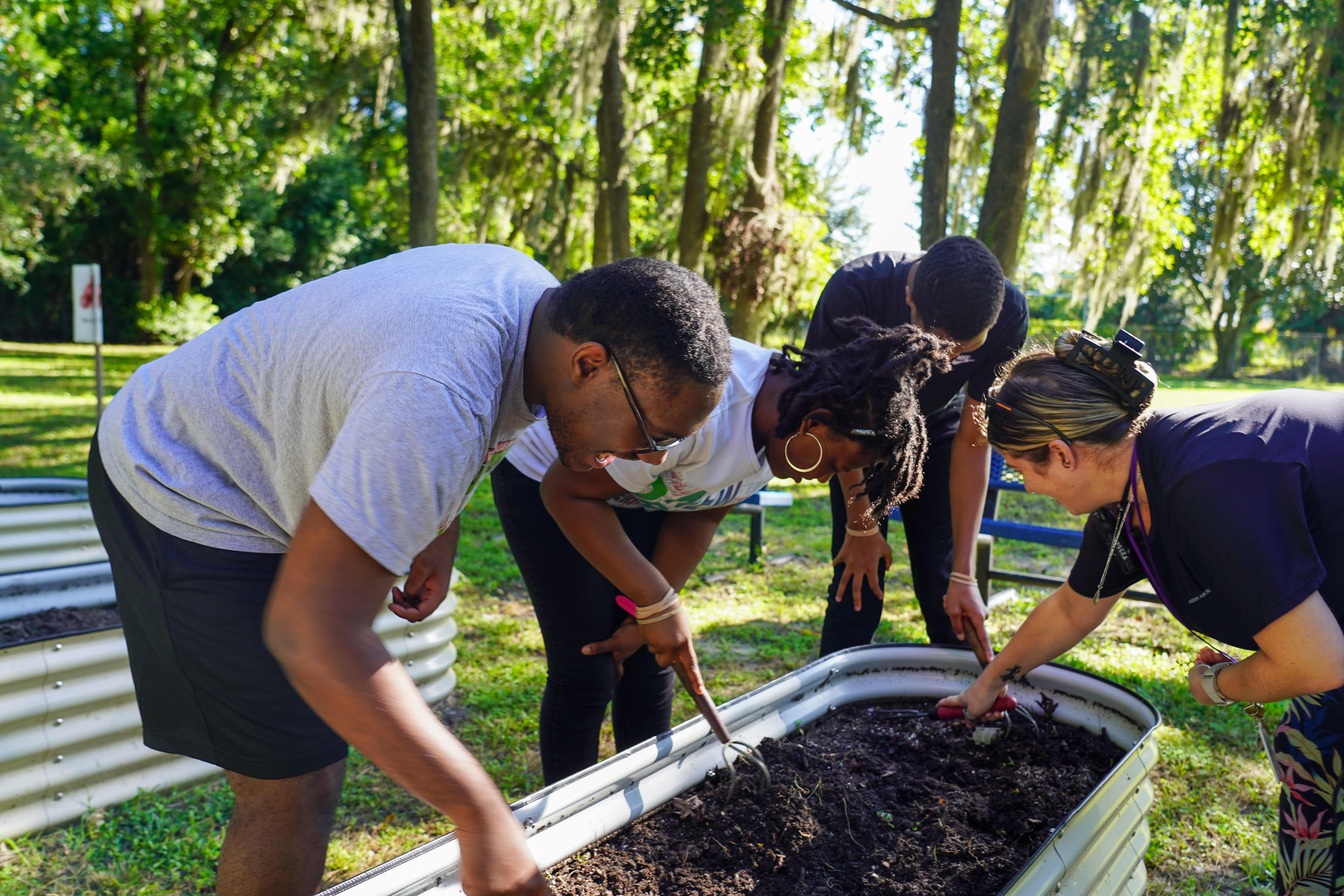 Five people in a park, planting in a raised garden bed, surrounded by trees.