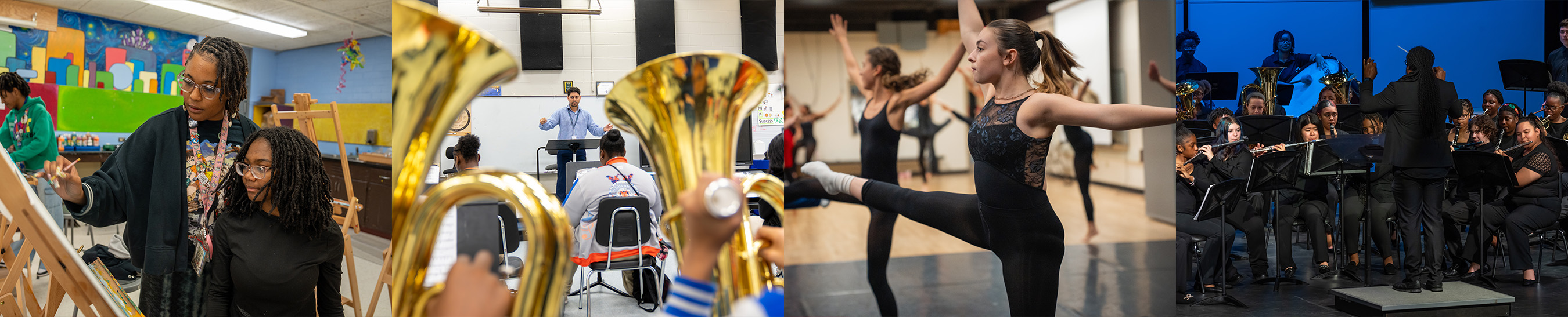 A collage of people engaged in music and dance. Some are playing brass instruments, others are dancing.