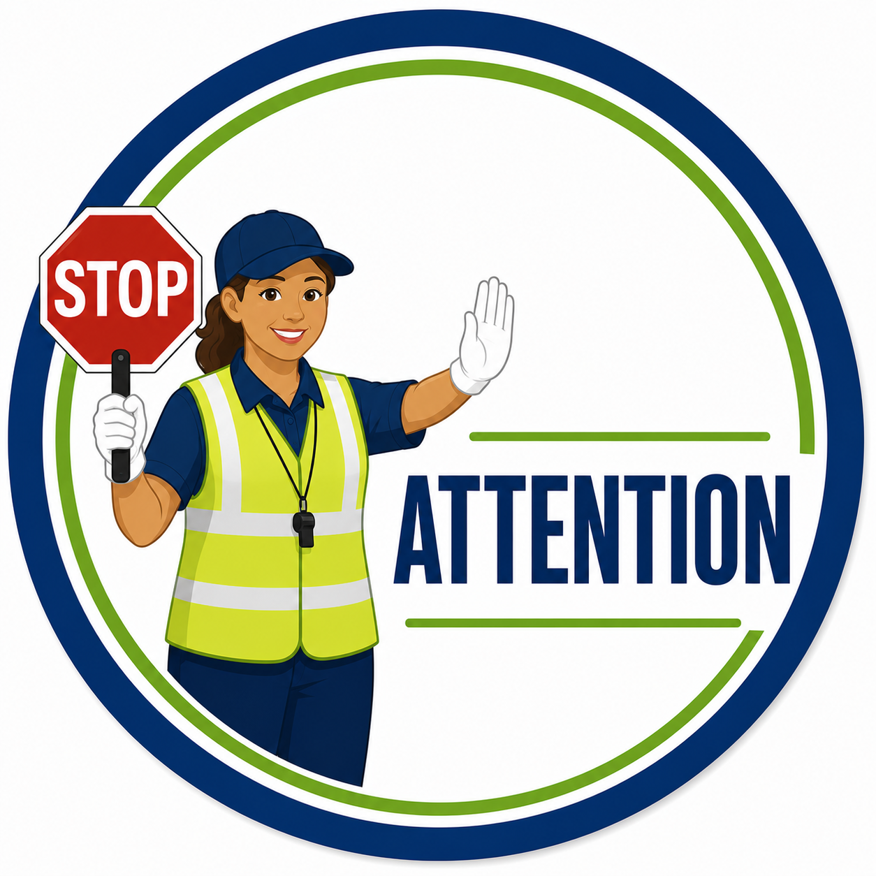 Illustration of a person holding a stop sign and gesturing for attention. Green vest, blue hat, and white gloves worn.