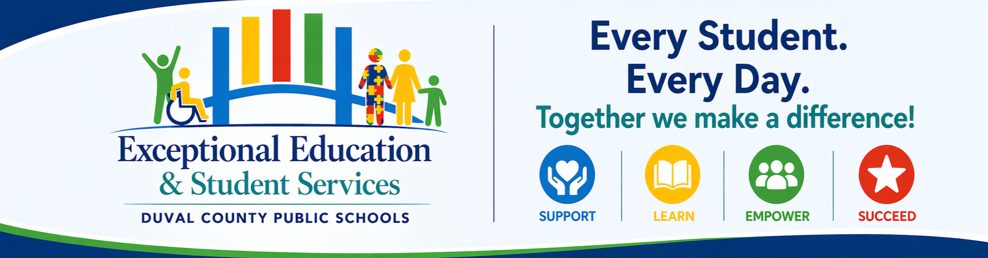 Banner featuring logos and icons, with text "Every Student. Every Day." and "Exceptional Education & Student Services".