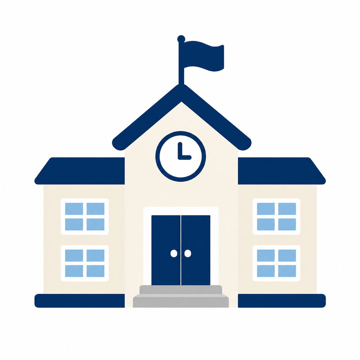 Simple illustration of a school building with a flag on top, a clock, a blue door, and multiple windows.