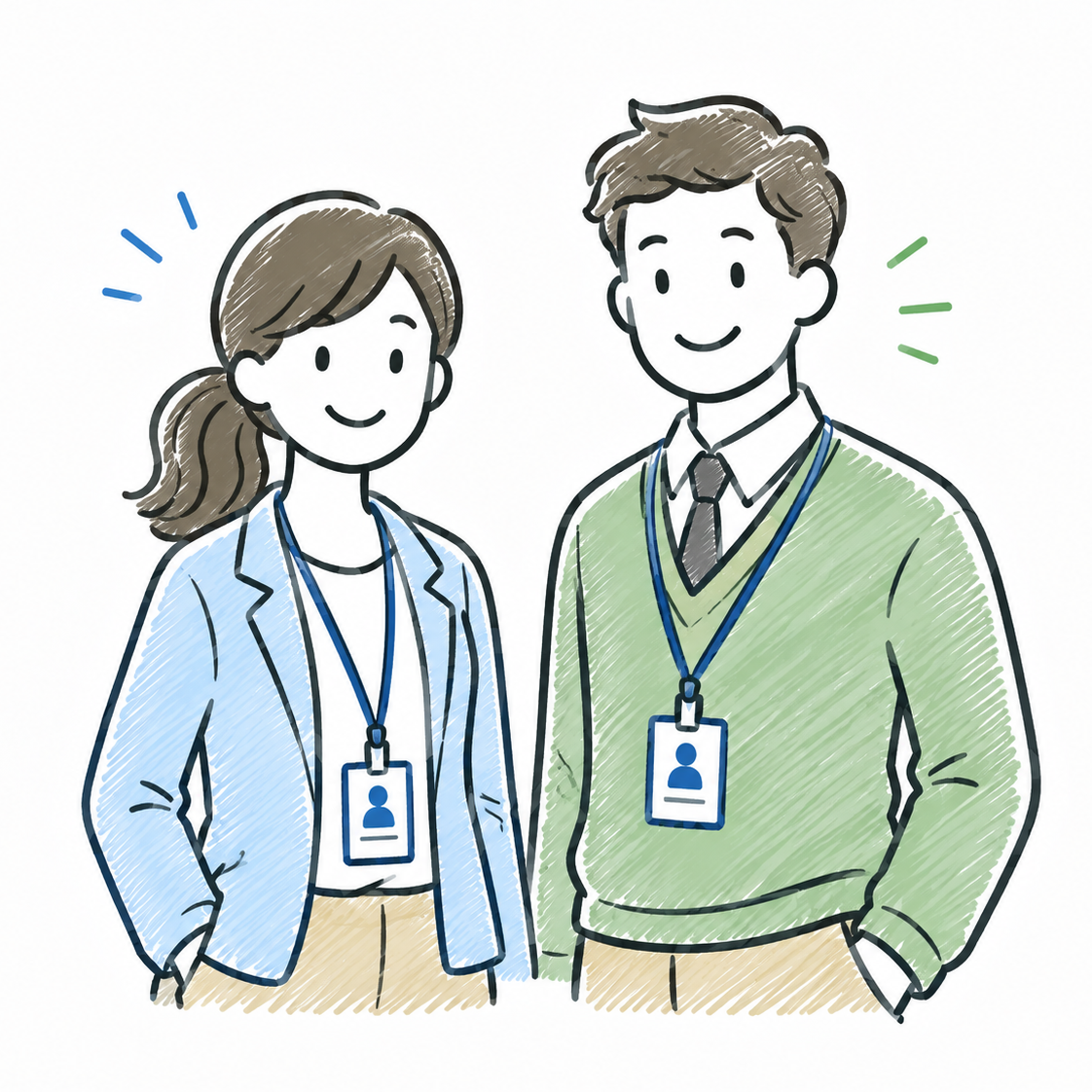 An illustration of a woman and a man in business attire standing next to each other. Both wear name tags.