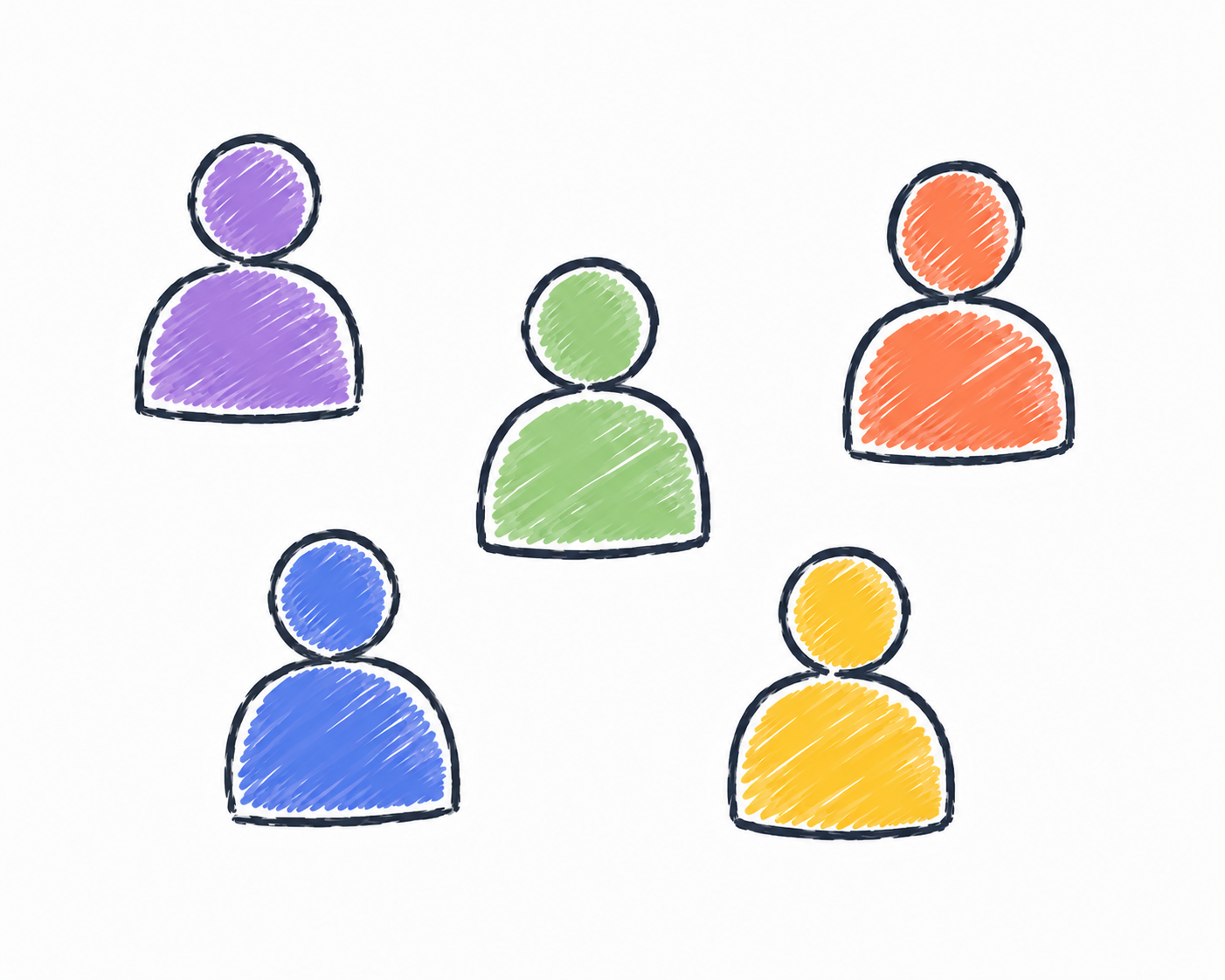 Six user icons, in purple, orange, green, blue, yellow, and orange, are arranged in a circular pattern on a white background.