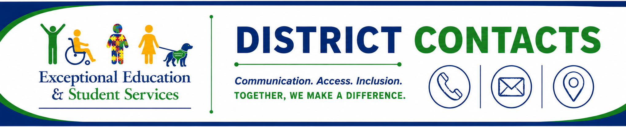 A logo with blue and white colors featuring text "DISTRICT CONTACTS" and icons like a family, a wheelchair, and contact symbols.