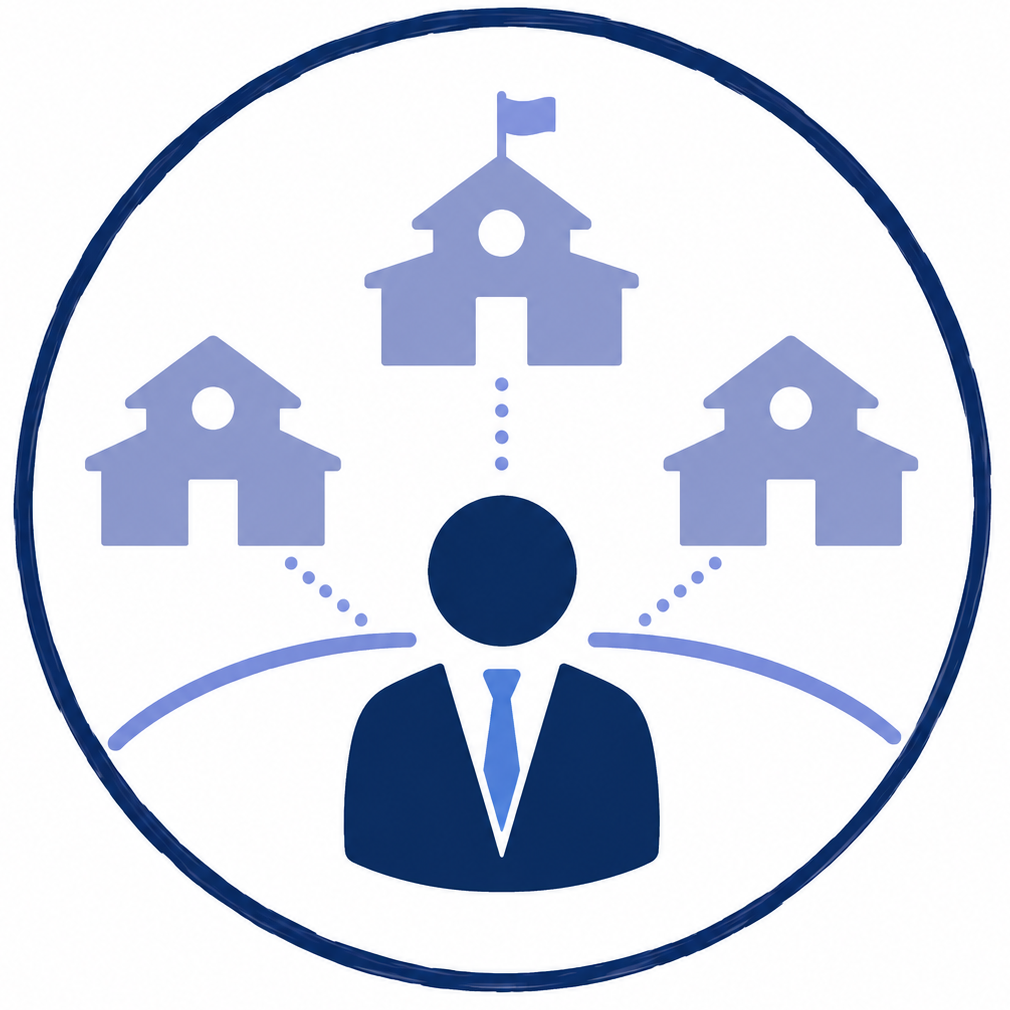 An icon shows a man in a suit with three houses and a school above him.