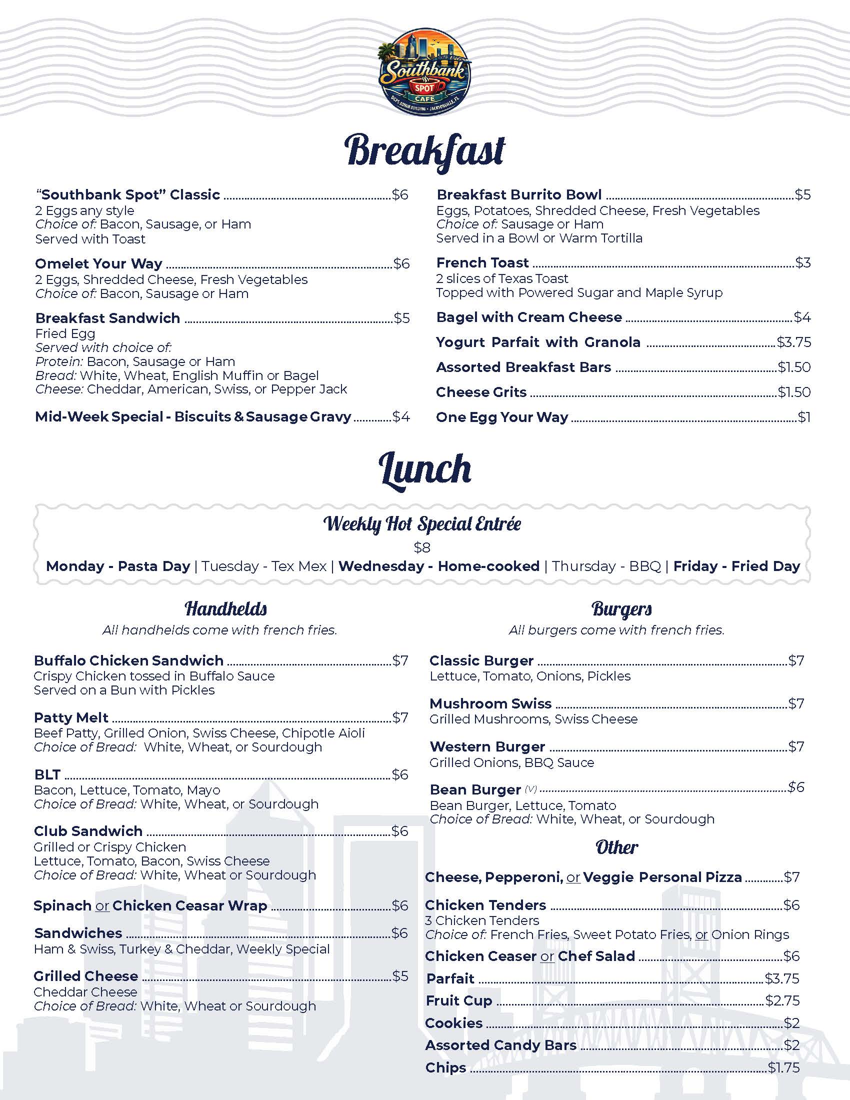 An image of the menu items and prices for the Riverview Cafe cafeteria.