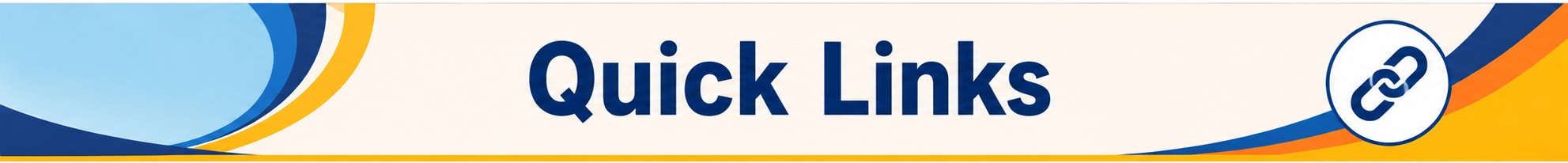 Blue, yellow, and orange abstract shapes with text "Quick Links" in blue. A circular symbol with lines and dots at right.