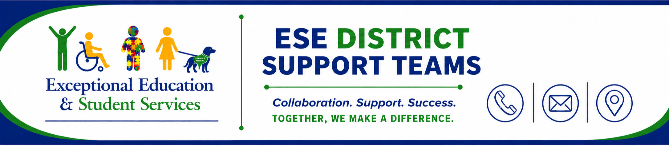 Banner with text "ESE DISTRICT SUPPORT TEAMS" and icons for collaboration, support, success, phone, email, and location.