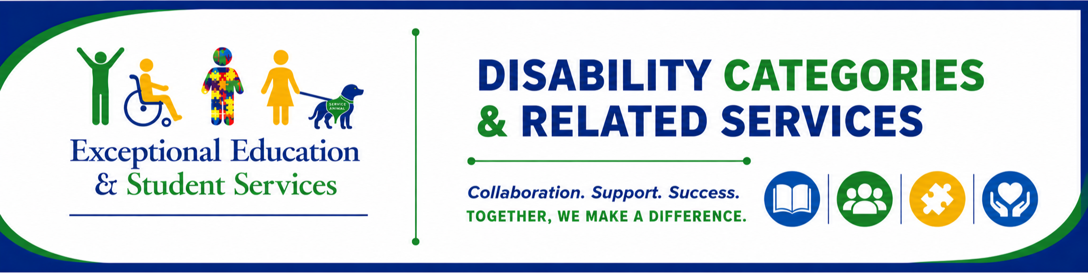 A logo with blue and white colors and icons, displaying "Disability Categories & Related Services" with various symbols.
