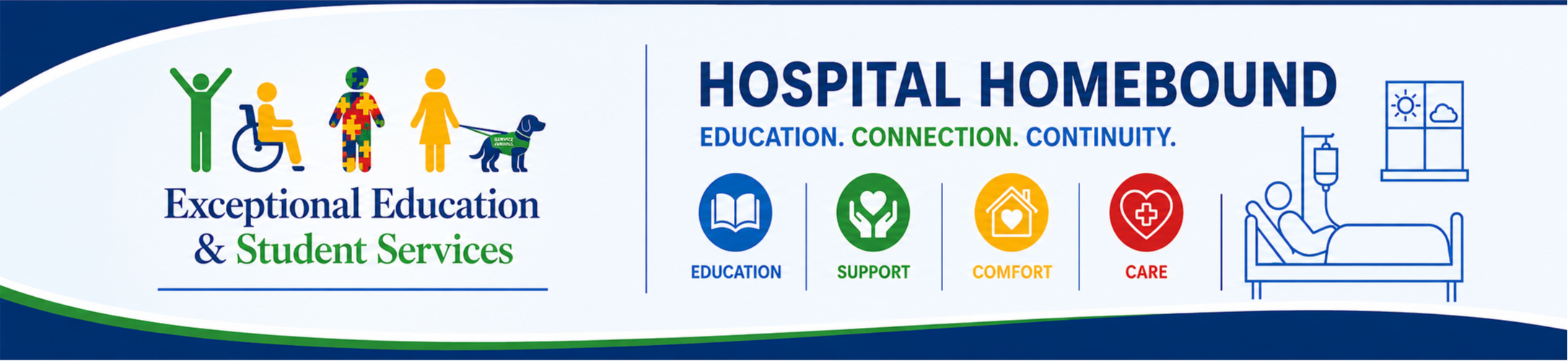 A logo for Hospital Homebound with icons representing education, support, comfort, and care, along with text for exceptional education and student services.