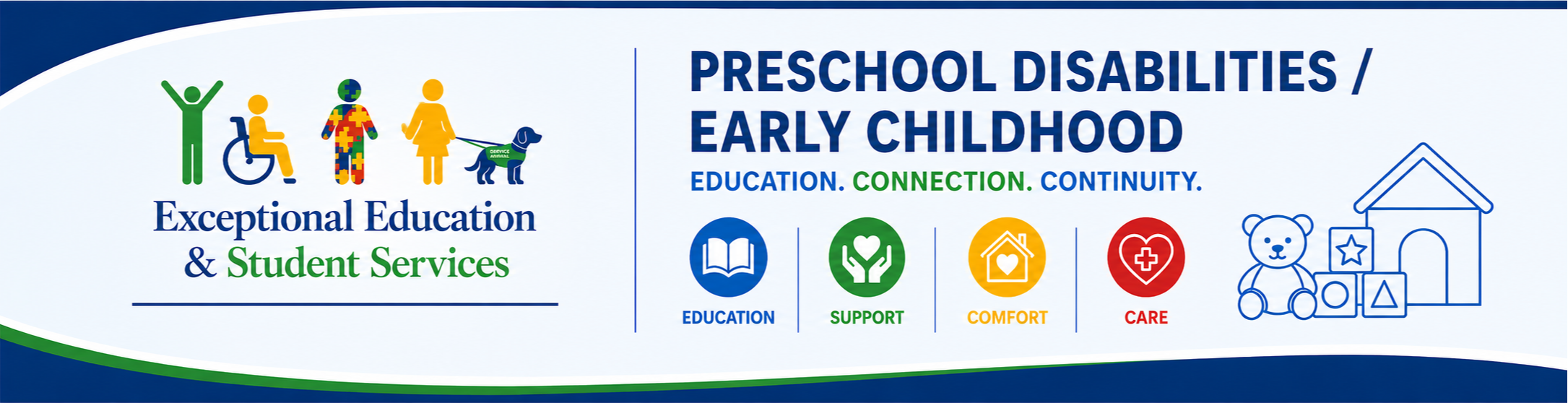 A banner displaying logos for preschool disabilities and early childhood education, along with icons representing education, support, and care.