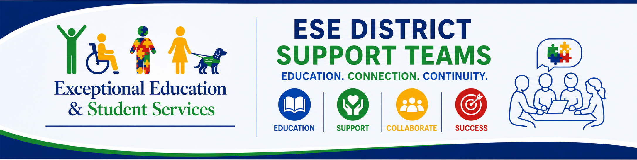 Logos for ESE District Support Teams, Exceptional Education & Student Services, and related icons.