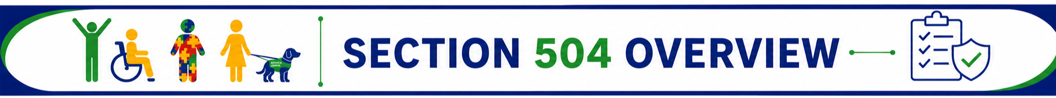A logo displays "SECTION 504 OVERVIEW" in blue text with a check mark. Various colorful figures, including a person in a wheelchair, stand on the left.