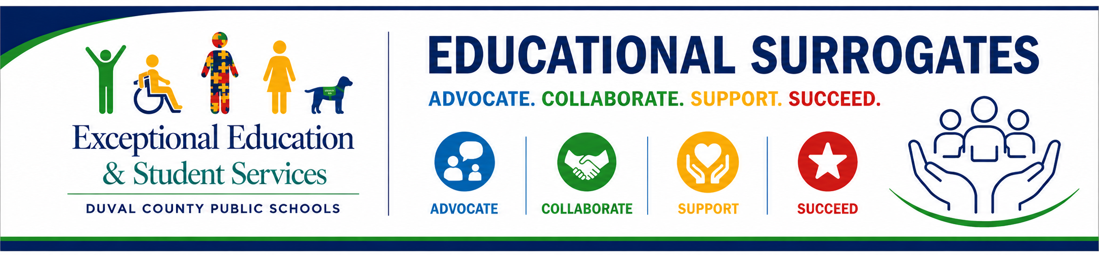 Logo with icons and text. Logos include a dog, people, and a star. Text reads "Educational Surrogates".