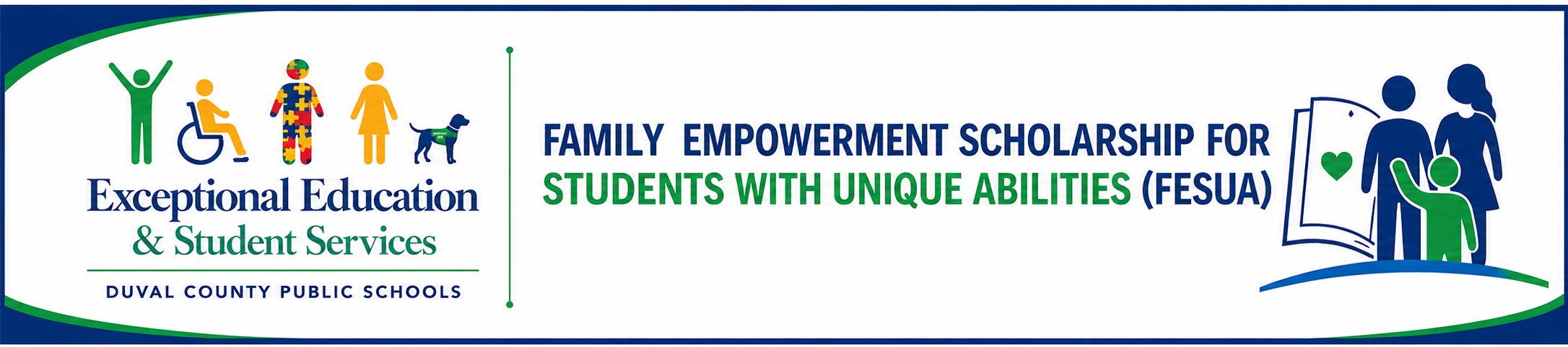 A logo for the Family Empowerment Scholarship for Students with Unique Abilities (FESUA) includes icons of people and a dog.