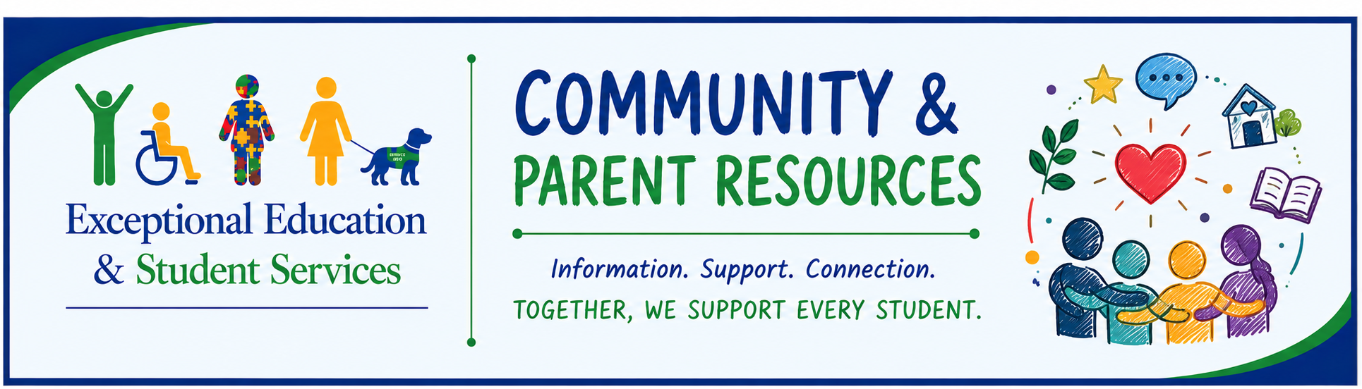 A white background displays the logo with blue border. It shows an icon of a family, house, heart, and dog.