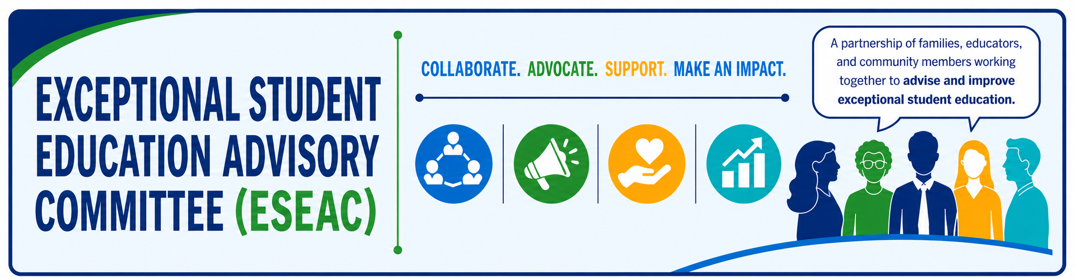 A graphic with icons and a diverse group of figures. Text reads "Exceptional Student Education Advisory Committee (ESEAC)".