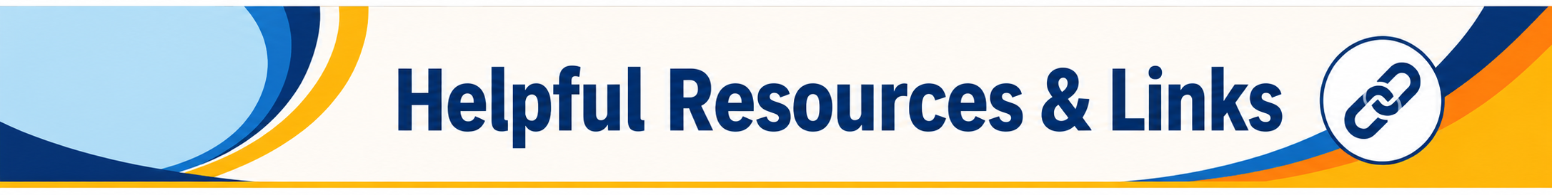 A logo with the words "Helpful Resources & Links" written in blue, set against a blue, yellow, and white background.