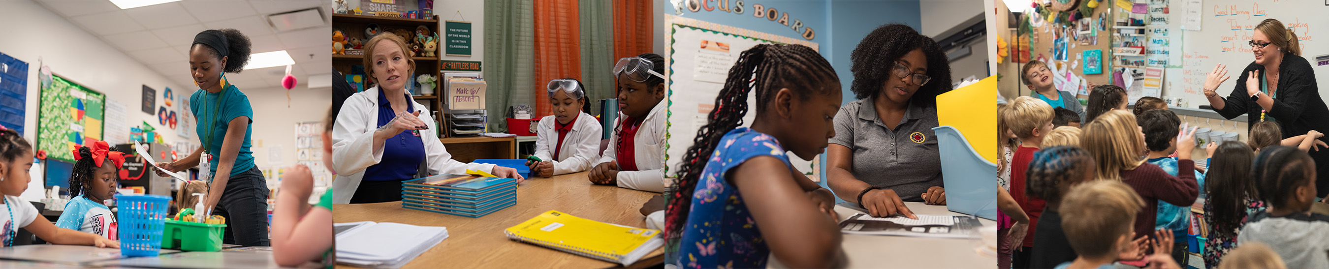 A collage of three scenes in a classroom with children and adults seated around tables, engaged in activities.
