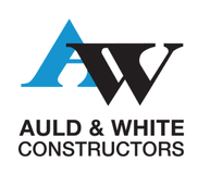 Logo for Auld & White Constructors features stylized "AW" with "A" in blue and "W" in black, below text reads "AULD & WHITE CONSTRUCTORS".