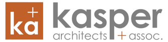 Logo for Kasper Architects and Associates. The word "kasper" is in gray, "architects" in black, and "+ assoc." in orange.