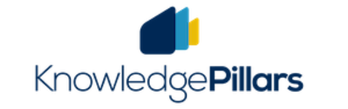 Blue, yellow, and white logo with the text "KnowledgePillars" on a white background.