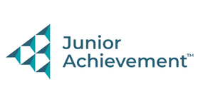 Logo for Junior Achievement featuring a blue triangle pattern with "Junior" and "Achievement" in bold, blue text.