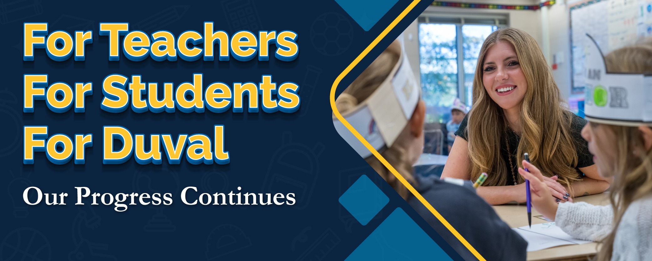 Advertisement for Duval's progress shows a teacher and student seated at a desk with yellow and blue background.