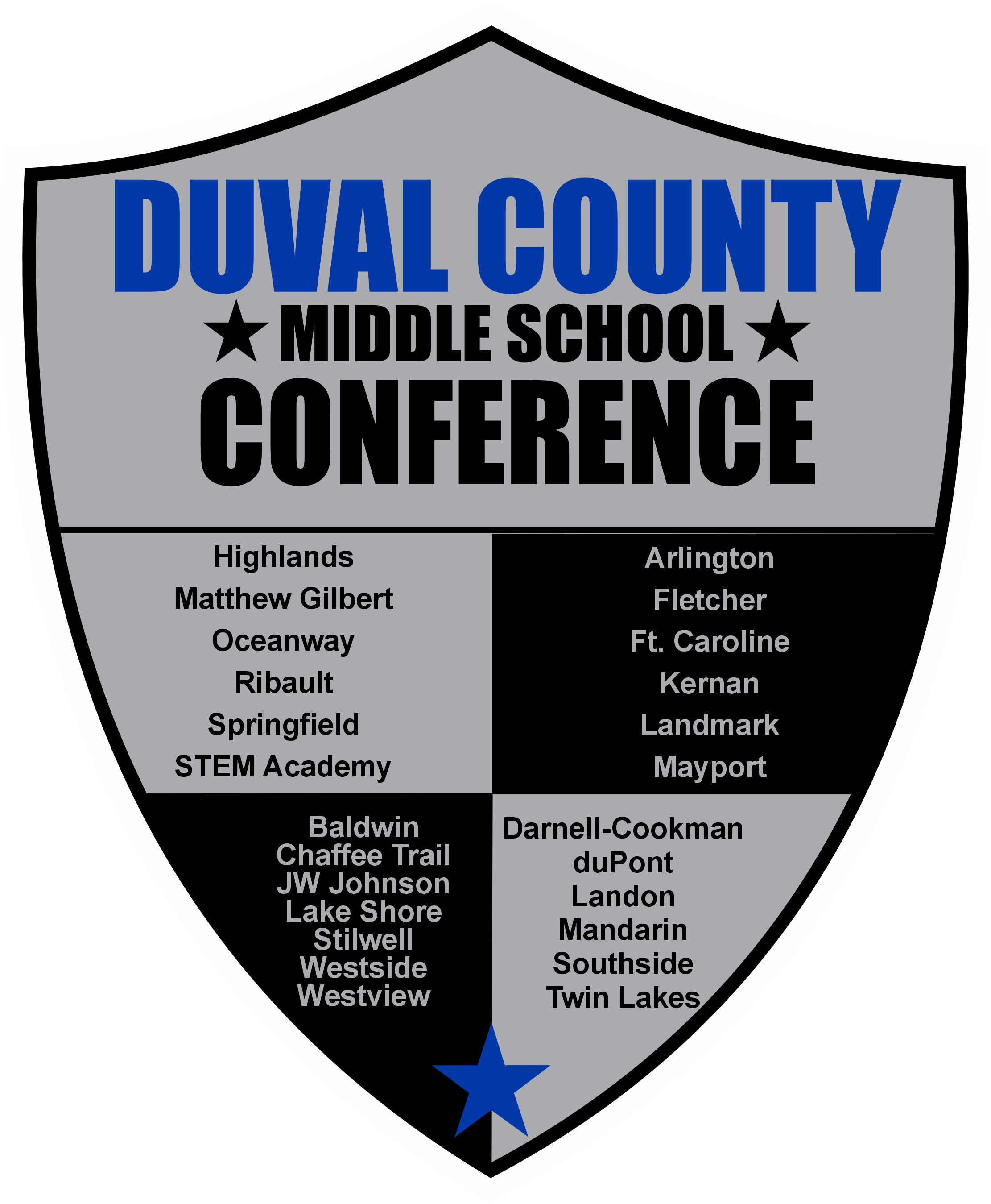 Shield with text "Duval County Middle School Conference" in white, listing schools. Background is black.