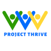 The Project Thrive logo features a white background with a multi-colored design of three human figures, forming a V shape.