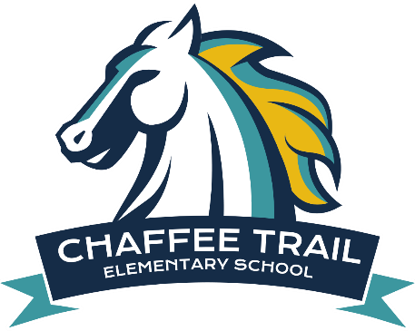 Logo for Chaffee Trail Elementary School features a horse head with blue, white, and yellow mane against a black background.