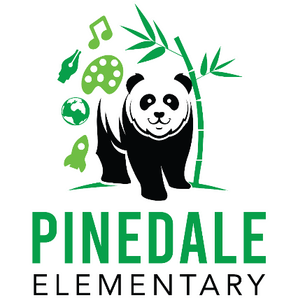 A panda stands under bamboo in a logo for Pinedale Elementary. Musical notes and leaves surround it.
