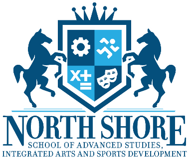 Logo for North Shore School of Advanced Studies, Integrated Arts and Sports Development. It features two horses, a crown, and symbols of arts and science.
