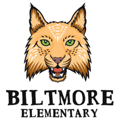 A graphic of a wolf with green eyes, facing forward, set against a black background. Below it reads "BILTMARE ELEMENTARY".