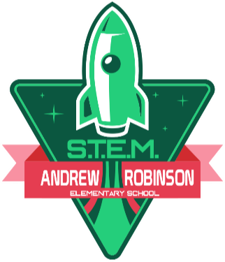Logo with a green rocket in the center. "S.T.E.M." written above the rocket. "ANDREW ROBINSON ELEMENTARY SCHOOL" below the rocket.