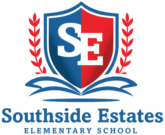 The Southside Estates Elementary School logo features a shield with blue, red, and white, a book, and red leaves.