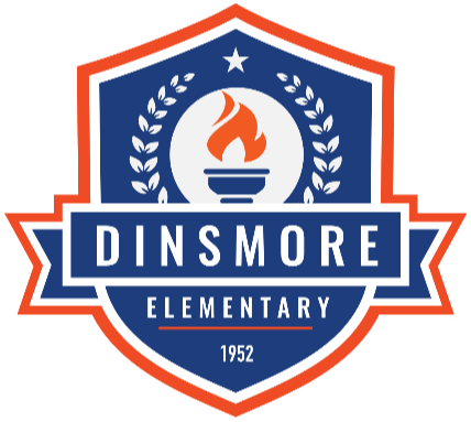 Shield logo with "Dinsmore Elementary" and "1952" text, a flame inside a torch, laurel leaves, and a star on a black background.