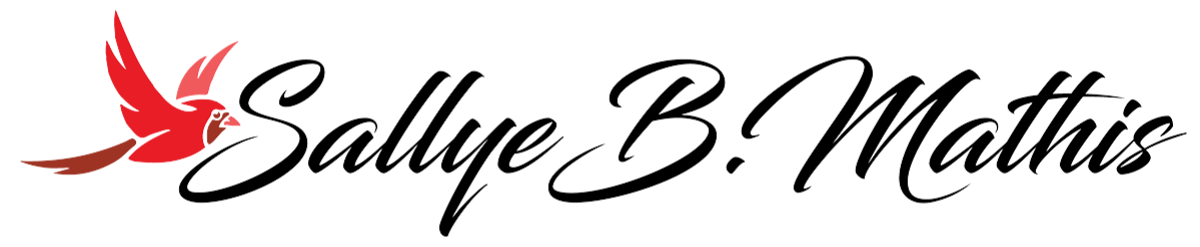 A logo with a red bird and the words "Sallye B. Mathis" in white cursive font on a black background.