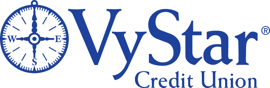 Logo for VyStar Credit Union. A circular compass is above the text, which is blue and bold.