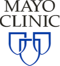 Mayo Clinic logo with blue and white symbols on a white background.