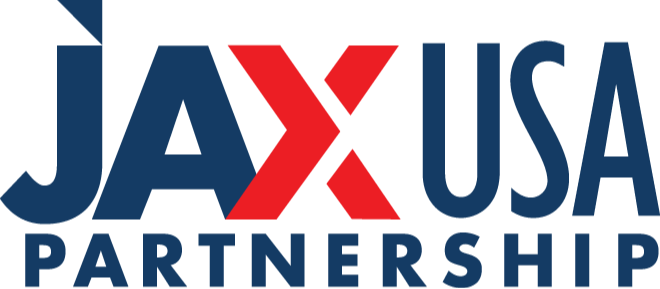 Logo with "JAX USA Partnership" in blue font. A red "X" in the middle of "JAX". Black background.