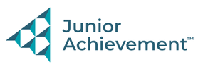 White background with a blue and white geometric logo for Junior Achievement, featuring a stylized pyramid and text.