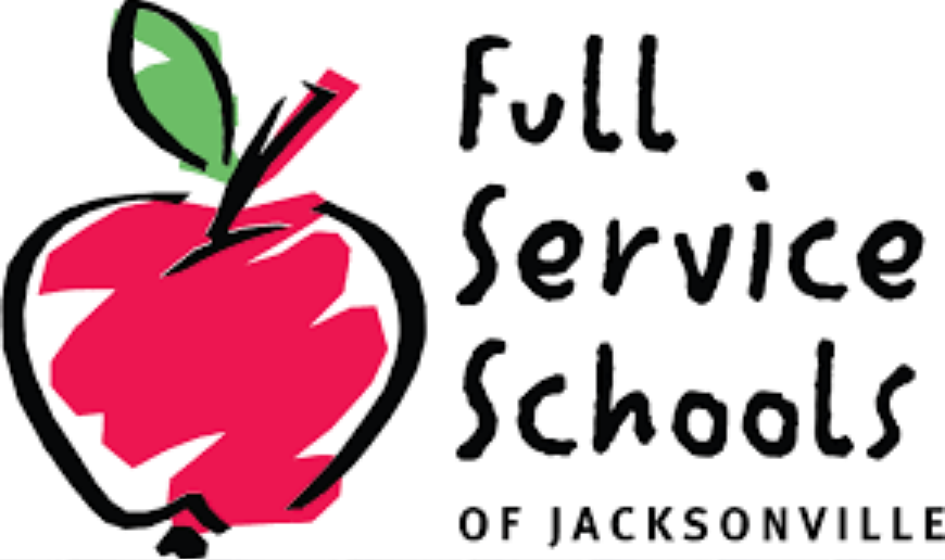 A red apple with a green stem represents "Full Service Schools of Jacksonville" with text beside it.