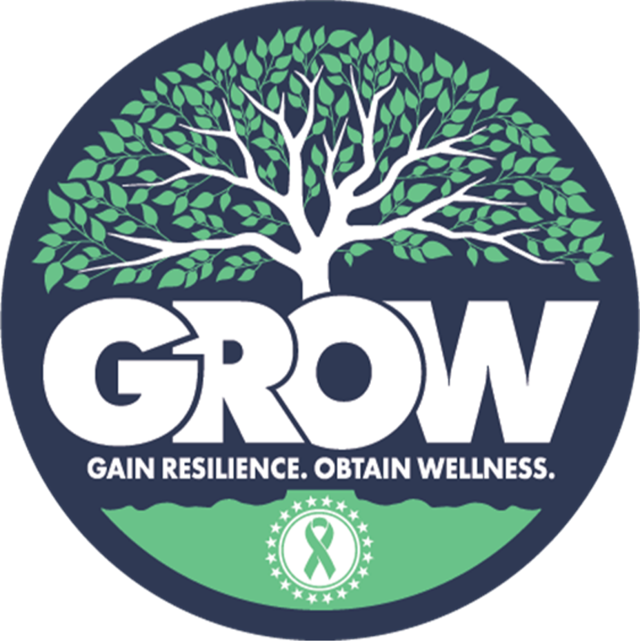 A round logo featuring a tree with green leaves. The word "GROW" in white capital letters. A green ribbon below.