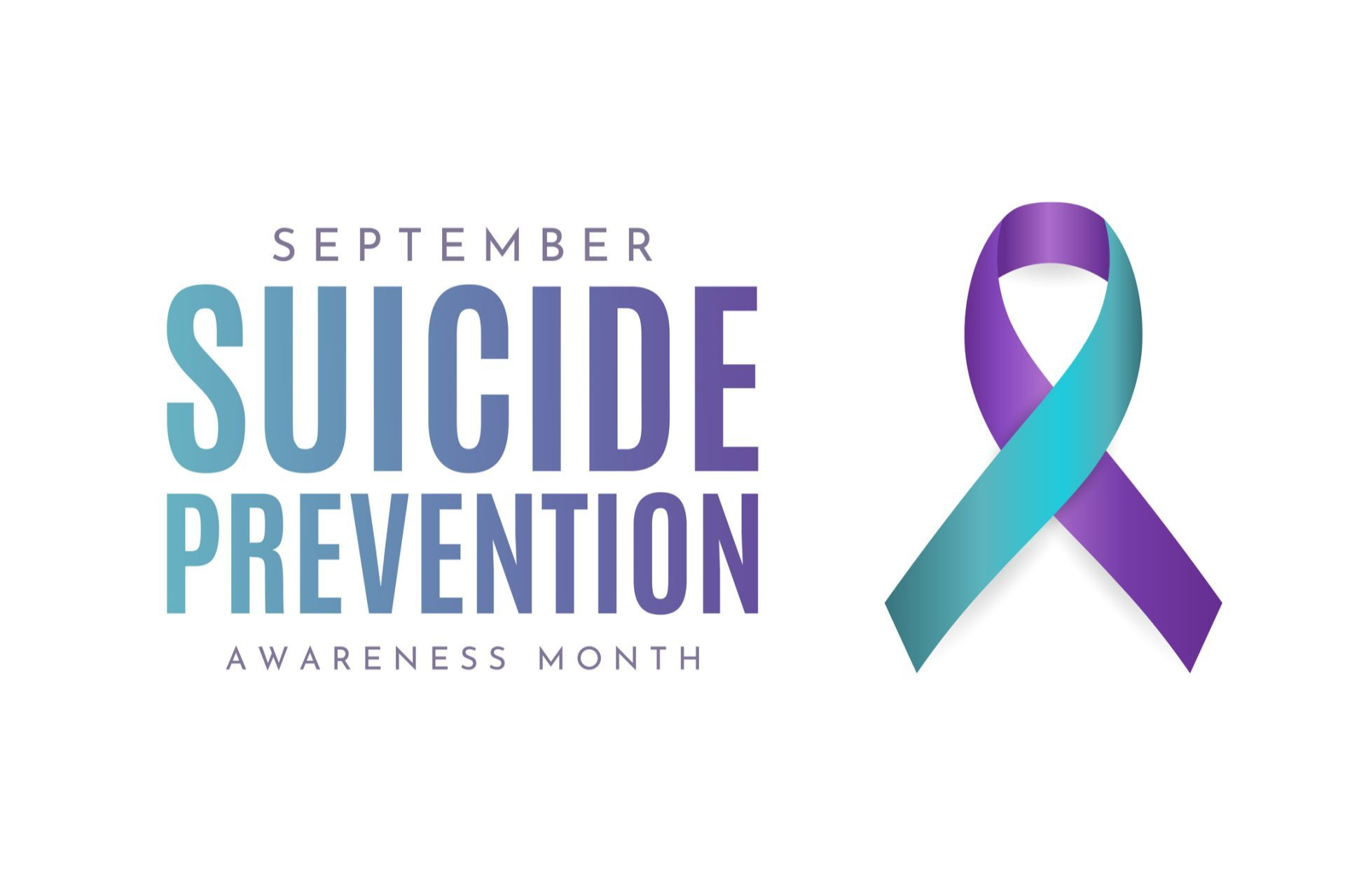 Logo for Suicide Prevention Awareness Month with the words in blue and teal and a purple and teal ribbon.