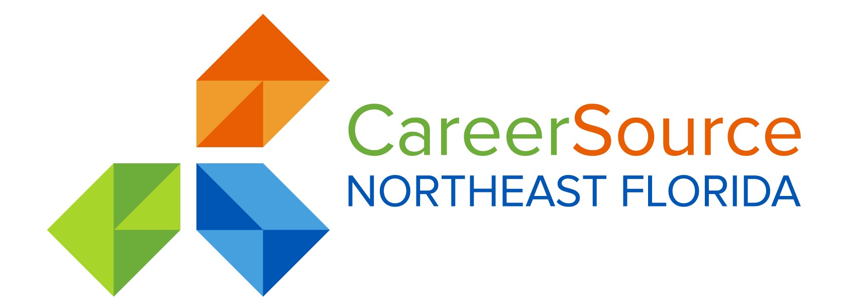 A white background displays a logo with four colored shapes: orange, green, blue, and white. "CareerSource NORTHEAST FLORIDA" is written in bold, green font.