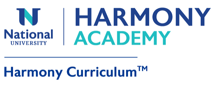 Logos for National University Harmony Academy and Harmony Curriculum are displayed. Blue and green colors.
