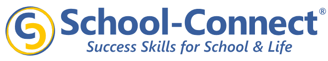 Blue and yellow logo reads "School-Connect" with a white circle. Below, it states "Success Skills for School & Life".