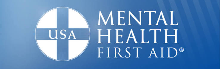 Blue background with a logo for Mental Health First Aid. The logo has a blue cross inside a circle.