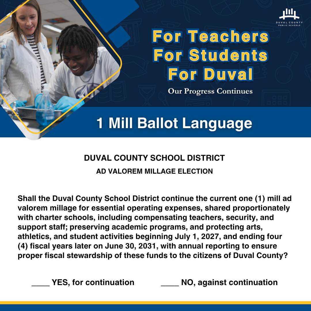 Ad Valorem Millage Election flyer featuring a blue background, text, and image of students in a lab.